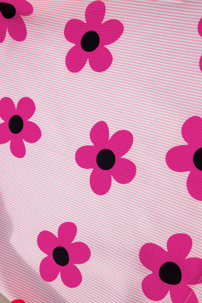 Rosa Bluse mit Nadelstreifen und Blumenmuster, Rüschen und Flatterärmeln