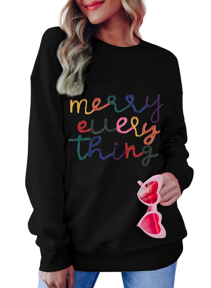 Schwarzes Sweatshirt mit „Merry Every Thing“-Lametta-Slogan
