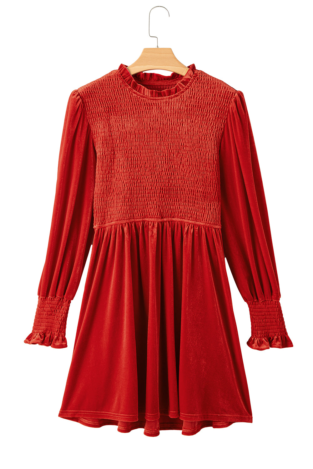 Red Clay – Samtkleid mit gesmoktem Oberteil und Rüschenkragen