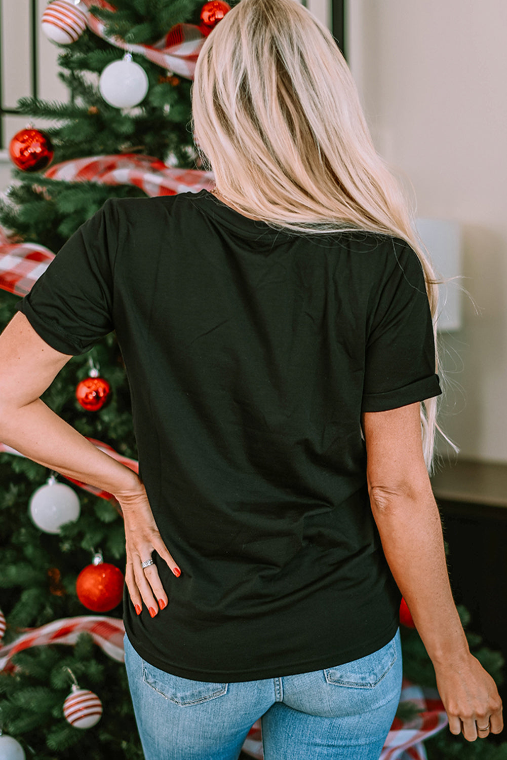 Schwarzes MERRY and BRIGHT T-Shirt mit Rundhalsausschnitt und Grafik