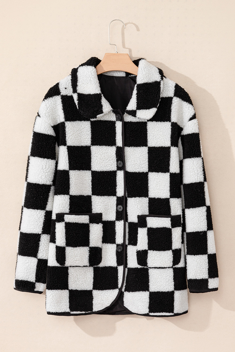 Schwarze, karierte Fleecejacke mit Seitentaschen, Kragen und Knöpfen