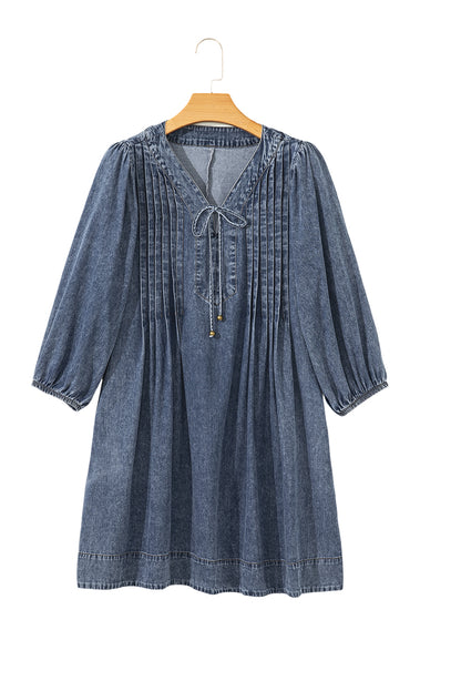 Sail Blue 3/4 Sleeve Tied V Neck Pleated Denim Mini Dress
