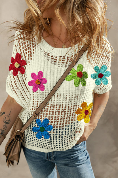 Weißes T-Shirt mit Häkelblumen-Aushöhlung