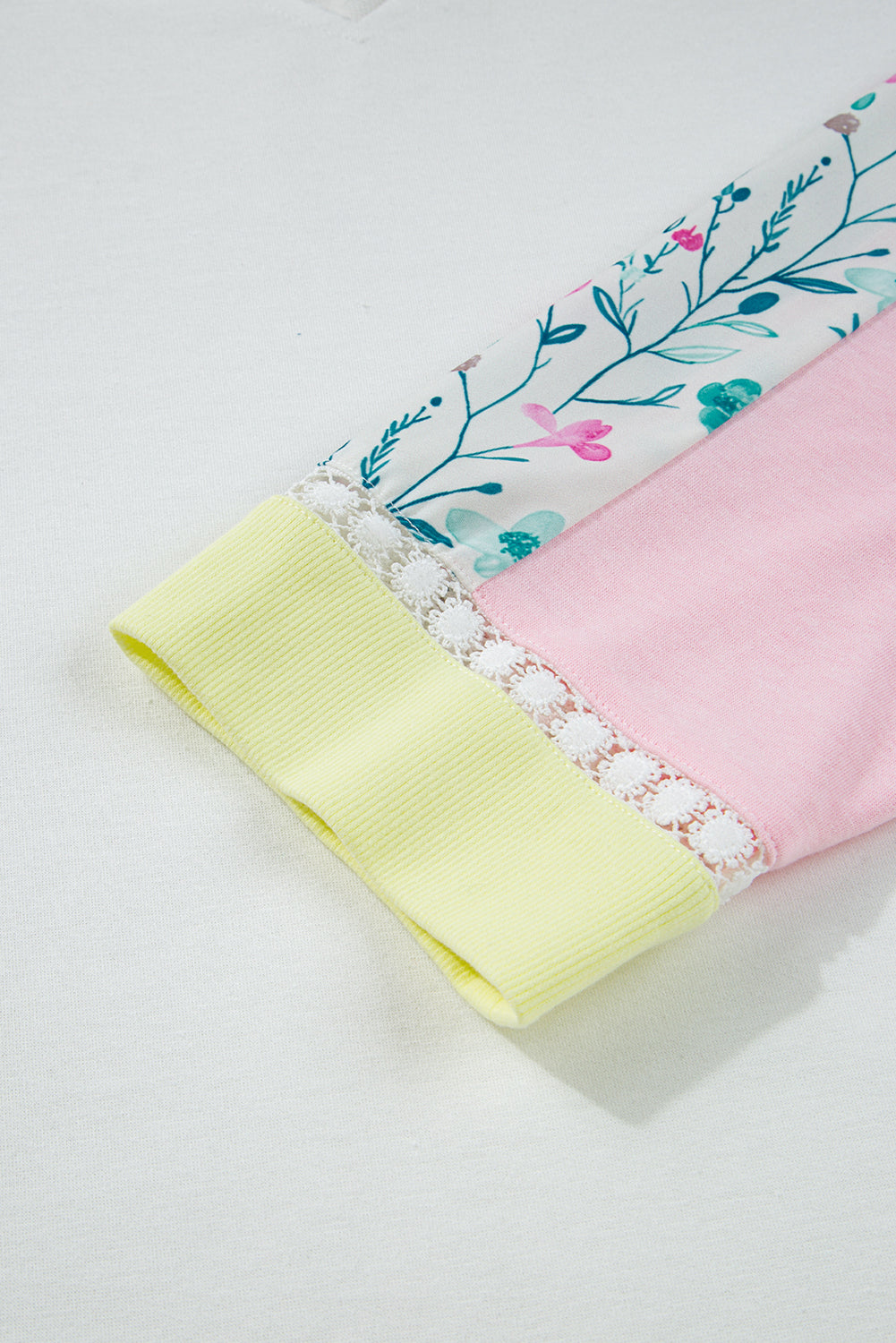 White Floral Colorblock Patchwork Chest Pocket Notched Neck Long Sleeve Top