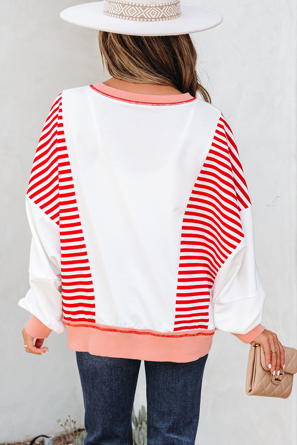 Red Stripe Colorblock Patchwork Contrast Stitching Oversize Sweatshirt