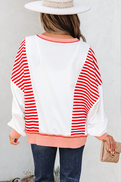 Red Stripe Colorblock Patchwork Contrast Stitching Oversize Sweatshirt