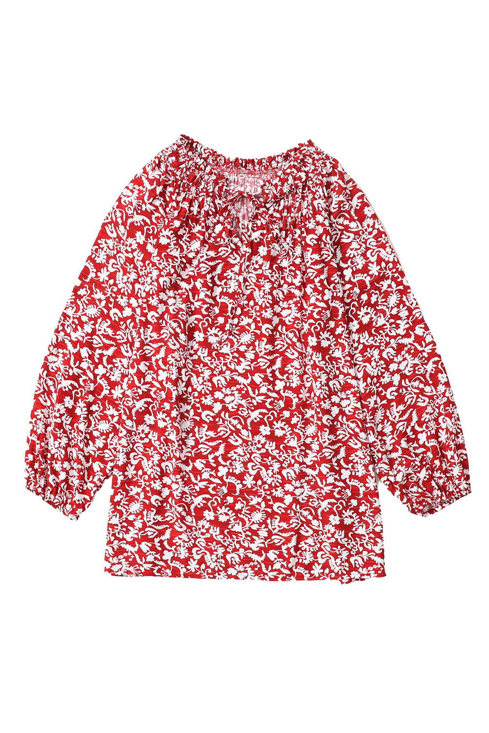 Burgunderrote Bluse mit Blumenmuster und gesmoktem Kragen und Schleife