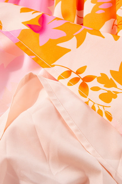 Oranges Minikleid mit abstraktem Print und gesmokten Laternenärmeln und Rüschen