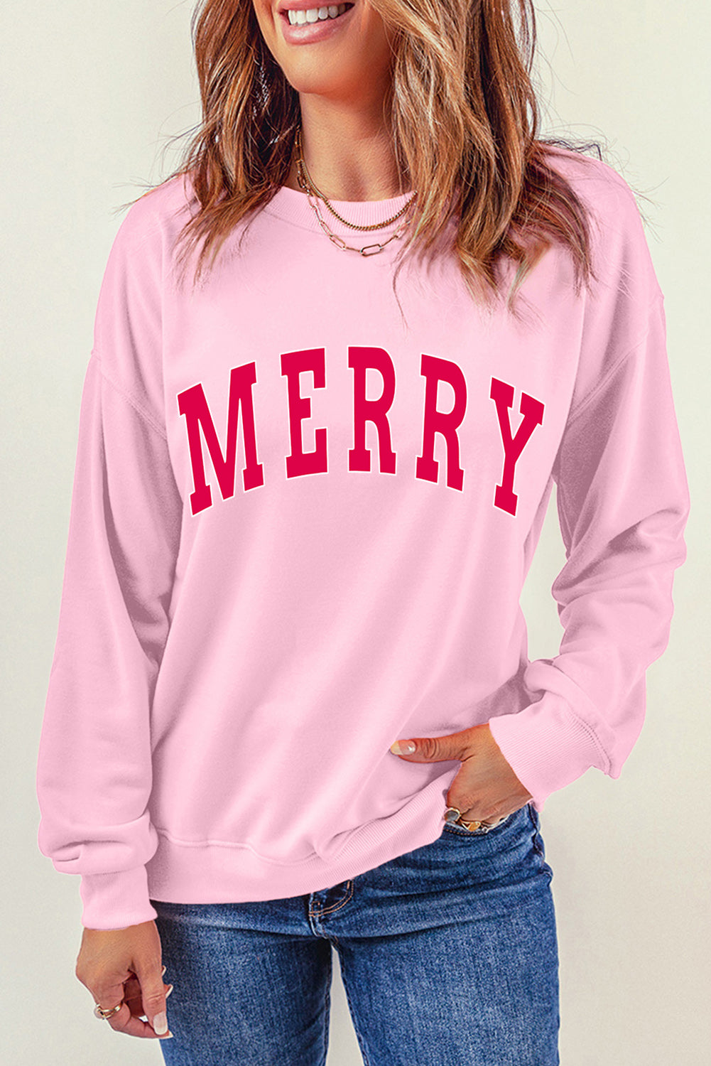 Rosa, locker sitzendes Weihnachts-Sweatshirt mit „MERRY“-Alphabet-Print