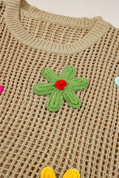 Helles französisches beiges Häkelblumen-Hohl-Pullover-T-Shirt