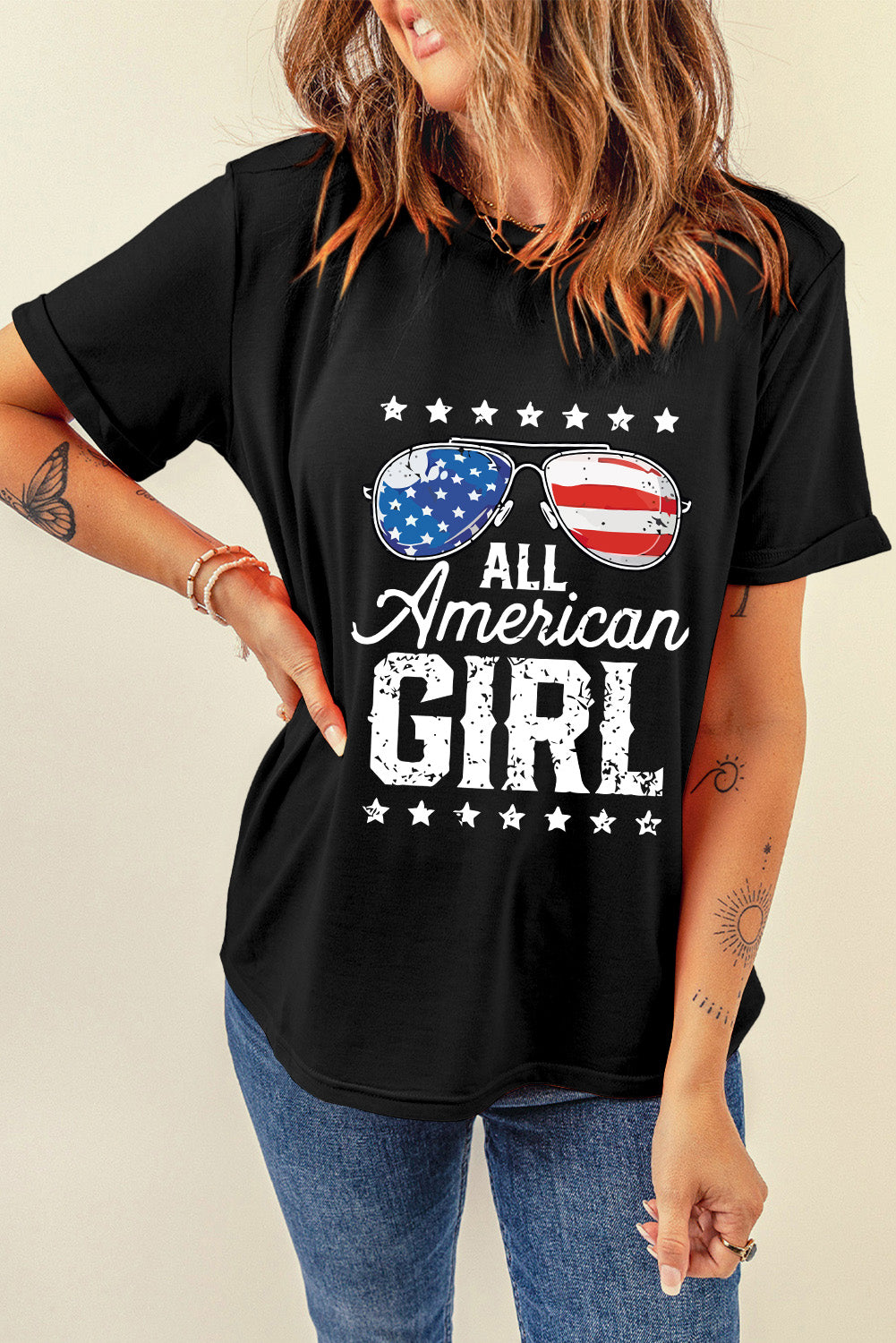 Schwarzes T-Shirt mit „Stars and Stripes Glasses“-Slogan