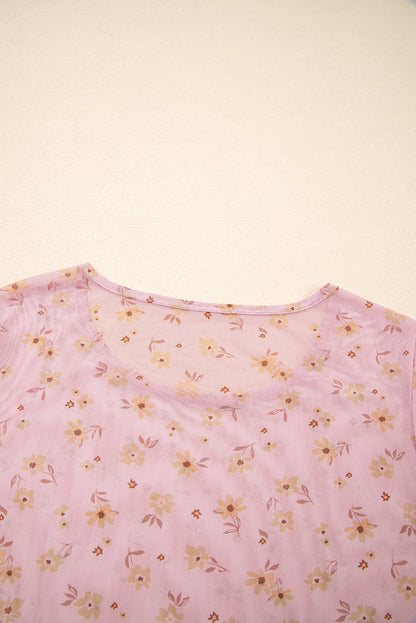 Pink Vintage Floral Print Southern Style Mesh Long Sleeve Top