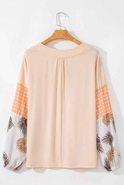 Jet Stream – Lockere Bluse mit Palmenblättern und Punkten, Puffärmeln, Patchwork, V-Ausschnitt