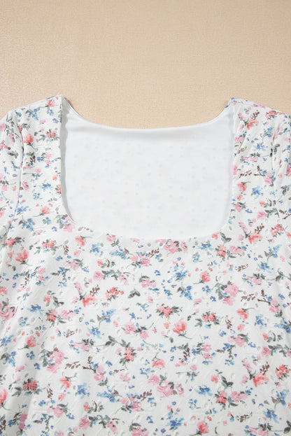 White Floral Print Textured Square Neck Slim Fit Long Sleeve Top