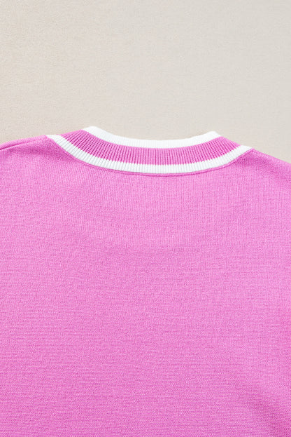 Bonbon Edge Piping Strickoberteil mit Rüschenärmeln und Rundhalsausschnitt
