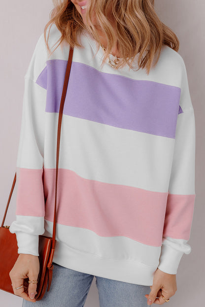 Beiges Sweatshirt mit Rundhalsausschnitt und Patchwork-Farbblockdesign mit überschnittener Schulter