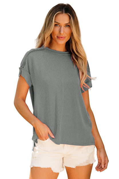Medium Grey Textured Knit Exposed Stitching T-shirt