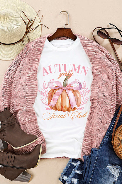 Weißes Herbst-Girly Thanksgiving Bowknot Kürbis Grafik T-Shirt