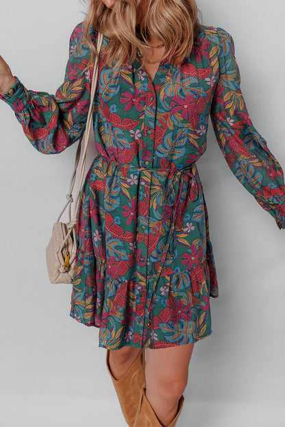 Green Floral Friled V Neck Puff Sleeve Ruffled Shirt Dress