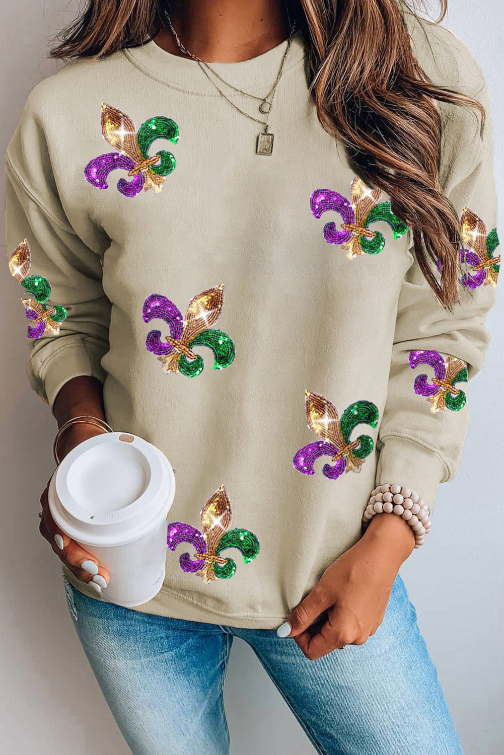 Khakifarbenes Pullover-Sweatshirt mit Mardi Gras-Grafik und Pailletten