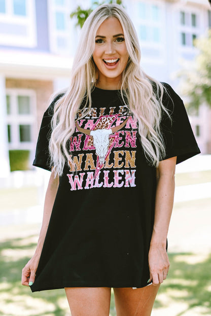 Schwarzes, übergroßes WALLEN-T-Shirt mit Kuhschädel-Grafik