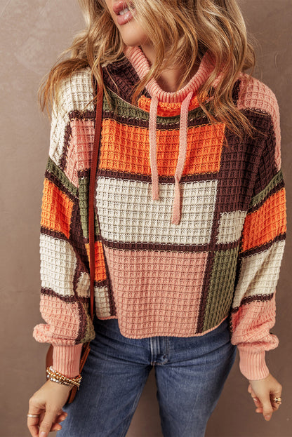 Oranger Rollkragenpullover mit Waffelstrick und Kordelzug in Farbblock-Optik