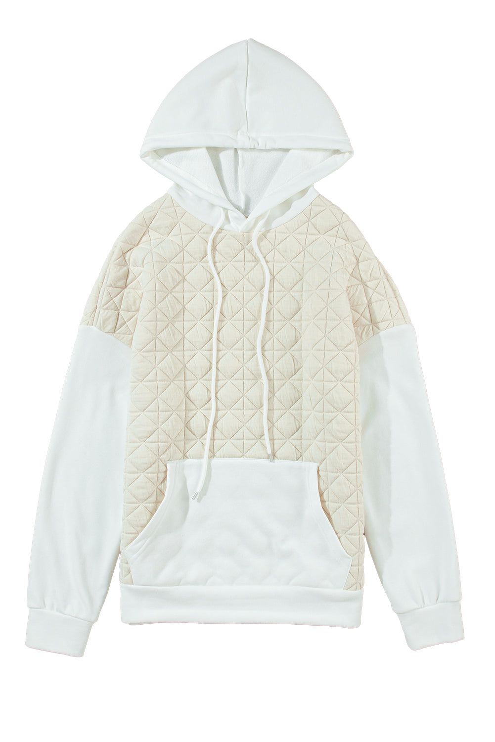 Beigefarbener Hoodie mit überschnittener Schulterpartie, gestepptem Patchwork und Kängurutasche