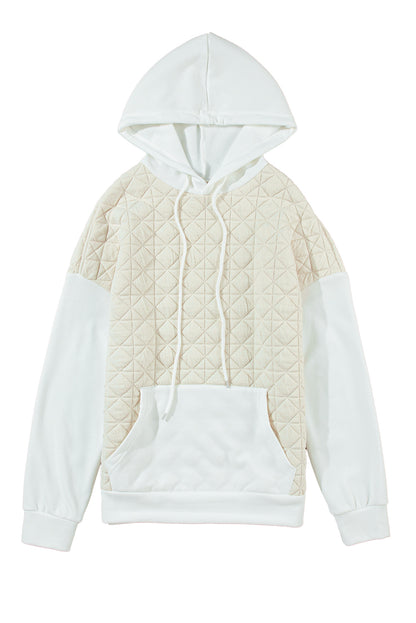 Beigefarbener Hoodie mit überschnittener Schulterpartie, gestepptem Patchwork und Kängurutasche