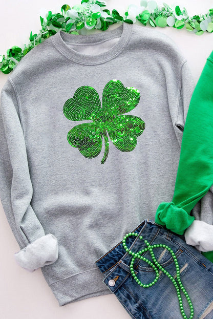 Graues Sweatshirt mit Kleeblatt-Patch und Pailletten, St. Patrick's Day
