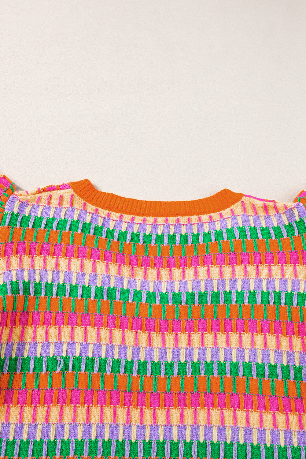 Orangefarbenes, mehrfarbiges Strickpullover-Oberteil mit Flatterärmeln