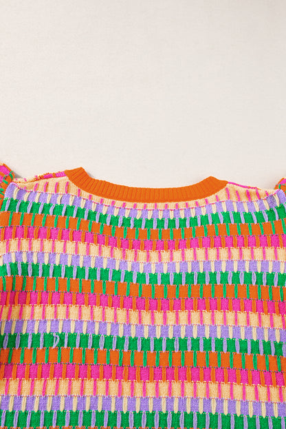 Orangefarbenes, mehrfarbiges Strickpullover-Oberteil mit Flatterärmeln