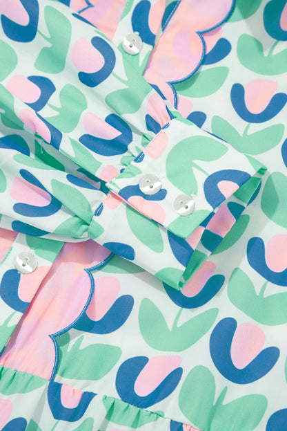 Green Floral Print Notched Neck Scalloped Detail Long Sleeve Mini Dress