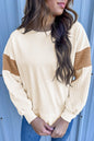 Aprikosenfarbenes Cord-Patchwork-Langarm-Sweatshirt mit überschnittener Schulter