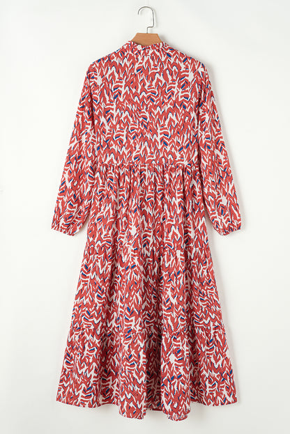 Oranges Midikleid mit abstraktem Print, V-Ausschnitt und hoher Taille