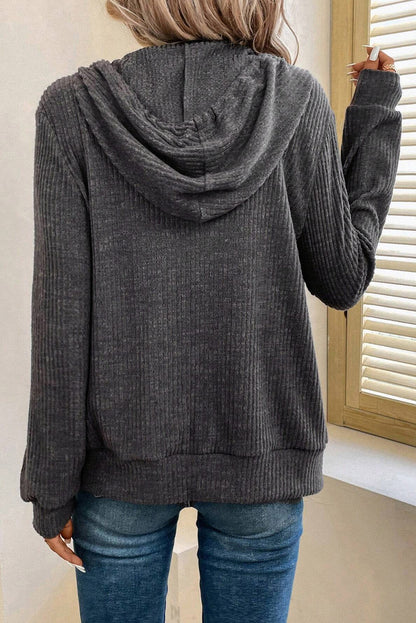 Dunkelgrauer, gerippter Hoodie mit Reißverschluss vorne und Kordelzug