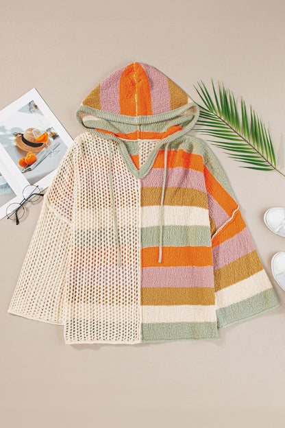 Beigefarbener Oversize-Kapuzenpullover mit Farbblockdesign und V-Ausschnitt