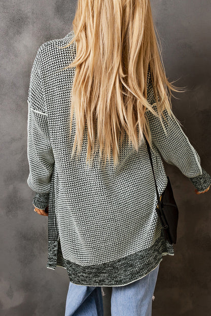 Grau karierte, lange Strickjacke mit offener Vorderseite