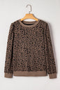 Brown Ribbed Trim Leopard Print Long Sleeve Top