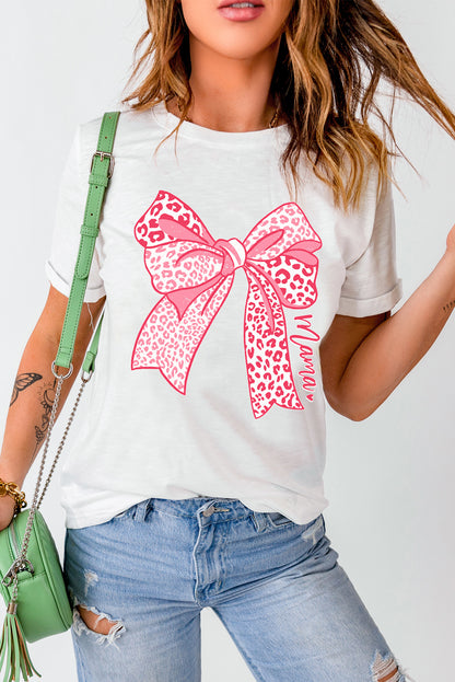 Weißes T-Shirt mit Leopardenmuster und Schleife zum Muttertag