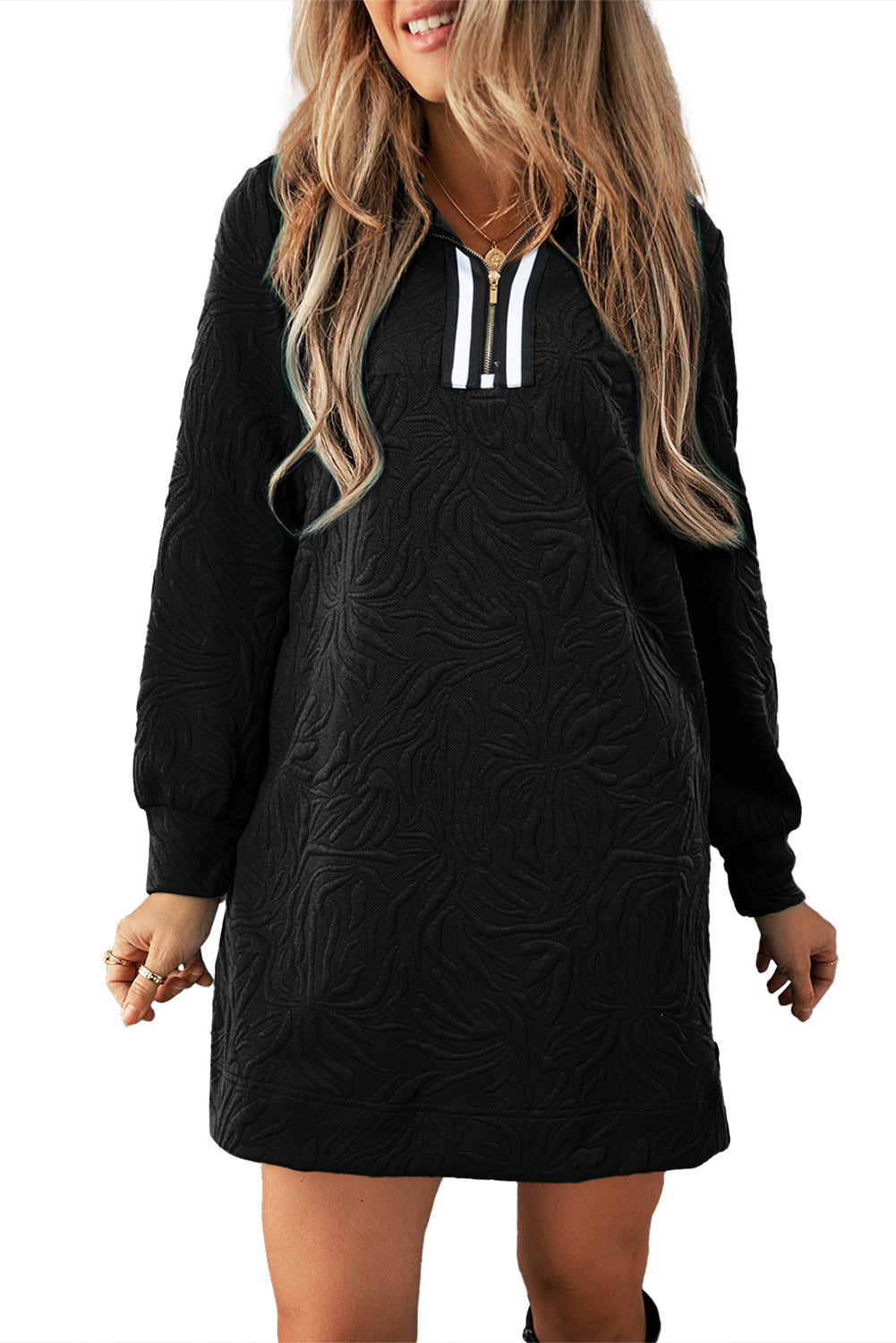 Schwarzes, strukturiertes Jacquard-Minikleid mit Viertelreißverschluss