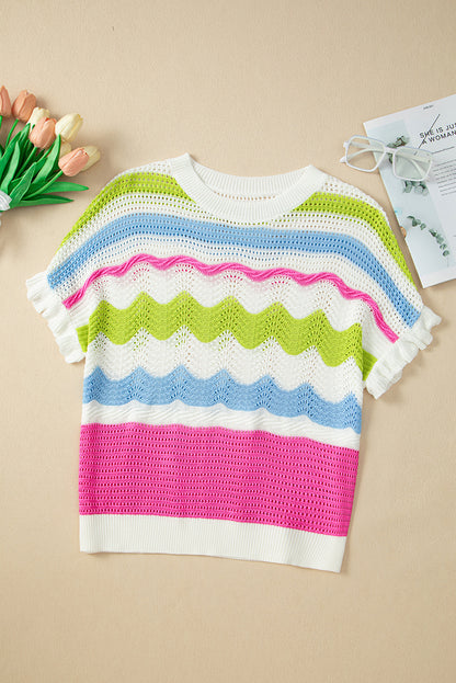 Weißes, kurzärmliges Pullover-Oberteil mit Häkelstrick und Farbblockdesign