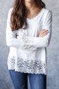 White Lace Trim V Neck Cuffed Long Sleeve Loose Top