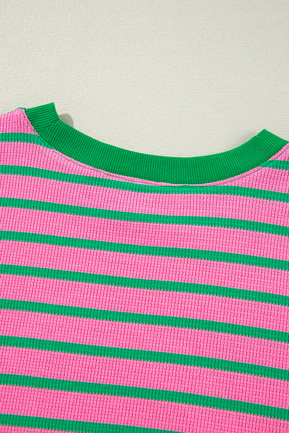 Rosa gestreiftes Rundhals-Sweatshirt mit Waffelstrick in Übergröße