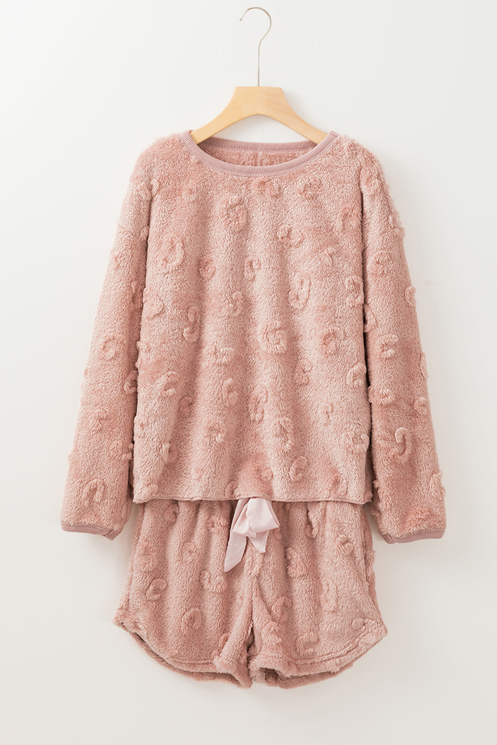 Hellrosa, strukturiertes, lockeres, zweiteiliges Lounge-Set aus Fleece mit Leopardenmuster