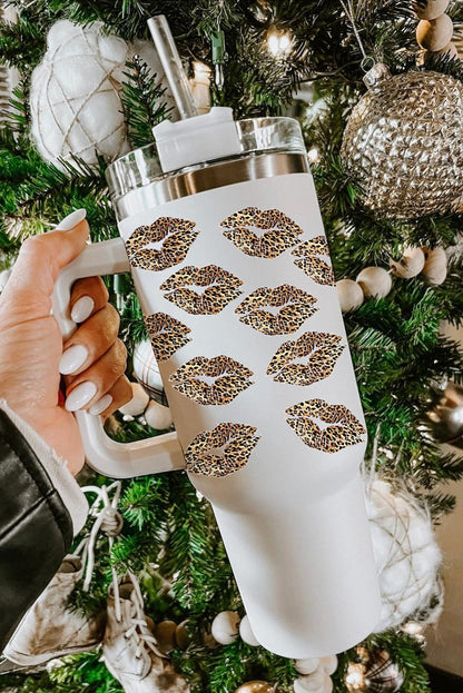 Weißer Valentinstag-Thermosbecher mit Leopardenlippen-Print und Strohhalm, 1,2 l