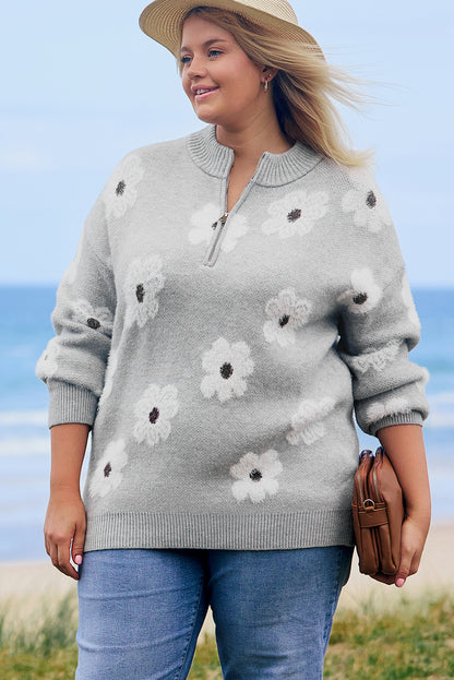 Grauer Pullover mit halbem Reißverschluss und Blumenmuster in Übergröße