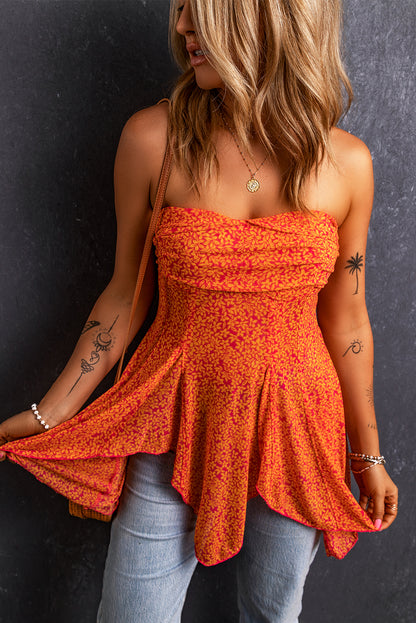 Trägerlose Bluse mit gesmoktem Taschentuch und Rosen-Blumendruck