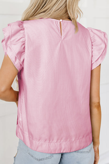 Rosa Bluse mit Nadelstreifen und Blumenmuster, Rüschen und Flatterärmeln