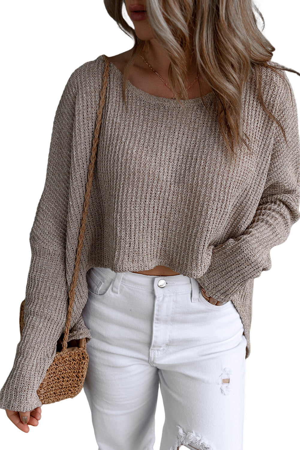 Grauer, lässiger Pullover mit Dolman-Ärmeln und hohem Bund