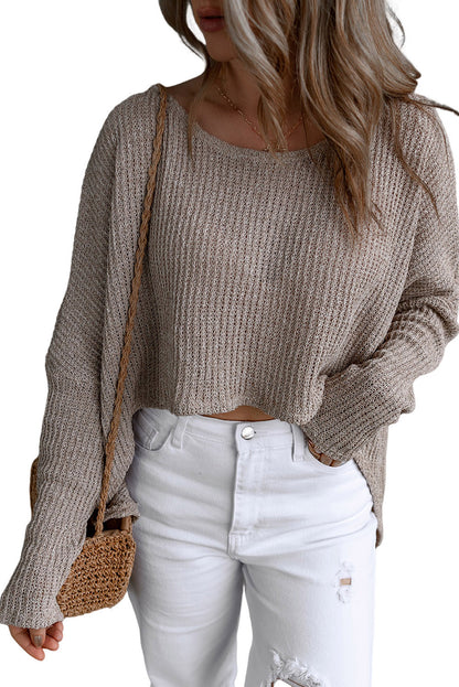 Grauer, lässiger Pullover mit Dolman-Ärmeln und hohem Bund
